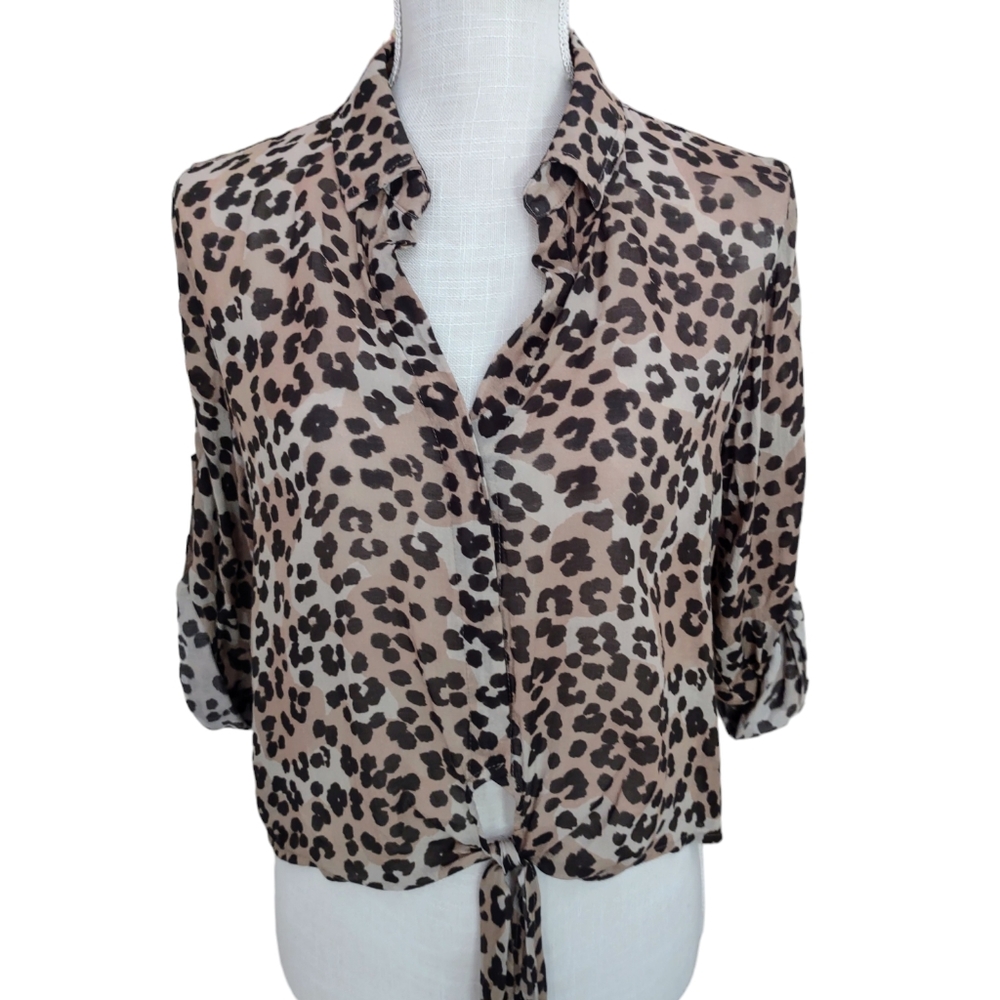 Bella Dahl Womens Crop Button‎ Down Animal Print Long Sleeve Shirt Brown Size XS